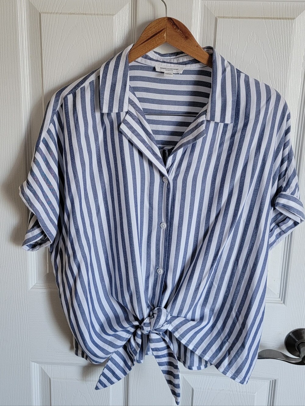 Striped Blue and White Short-Sleeve Tie-Front Shirt